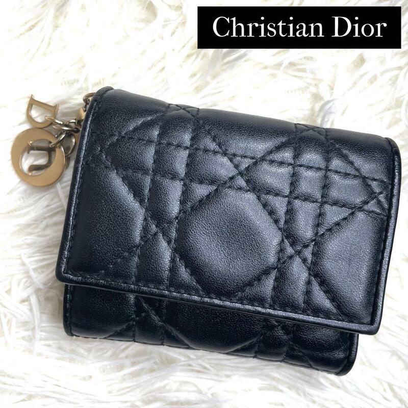 極美品 / Christian Dior クリスチャンディオール レディディオールロータスウォレット 三つ折り財布 カナージュライン ブラック