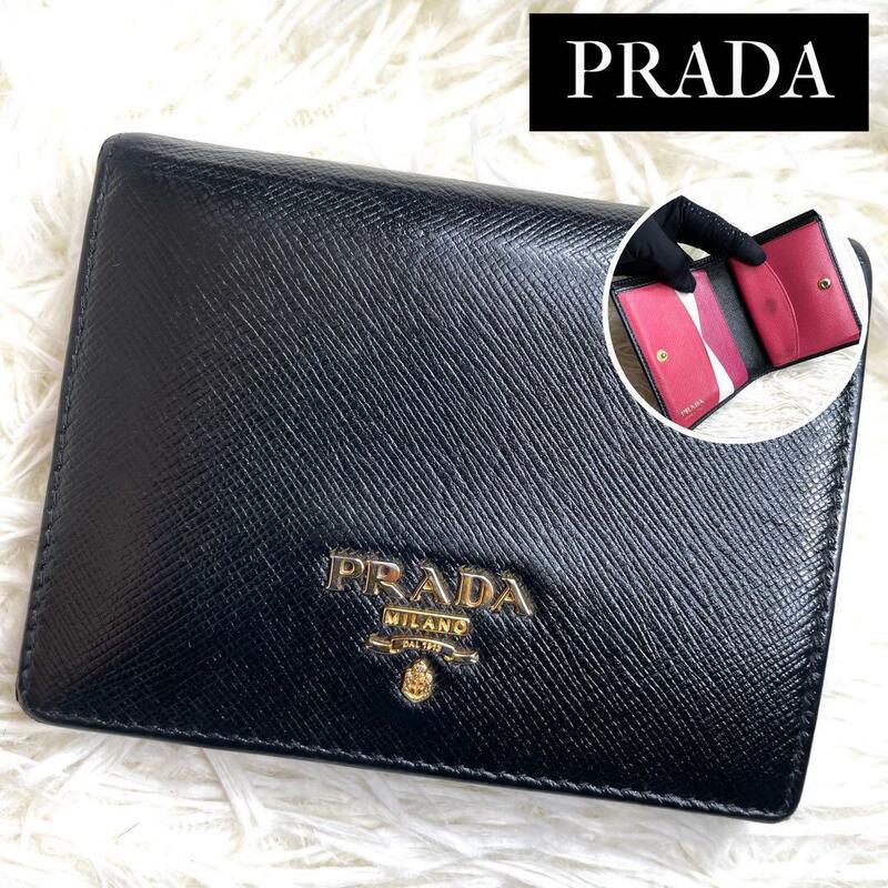 人気品 / PRADA プラダ サフィアーノバイカラーコンパクトウォレット 二つ折り財布 コンパクト財布 レザー ブラック ピンク 1MV204