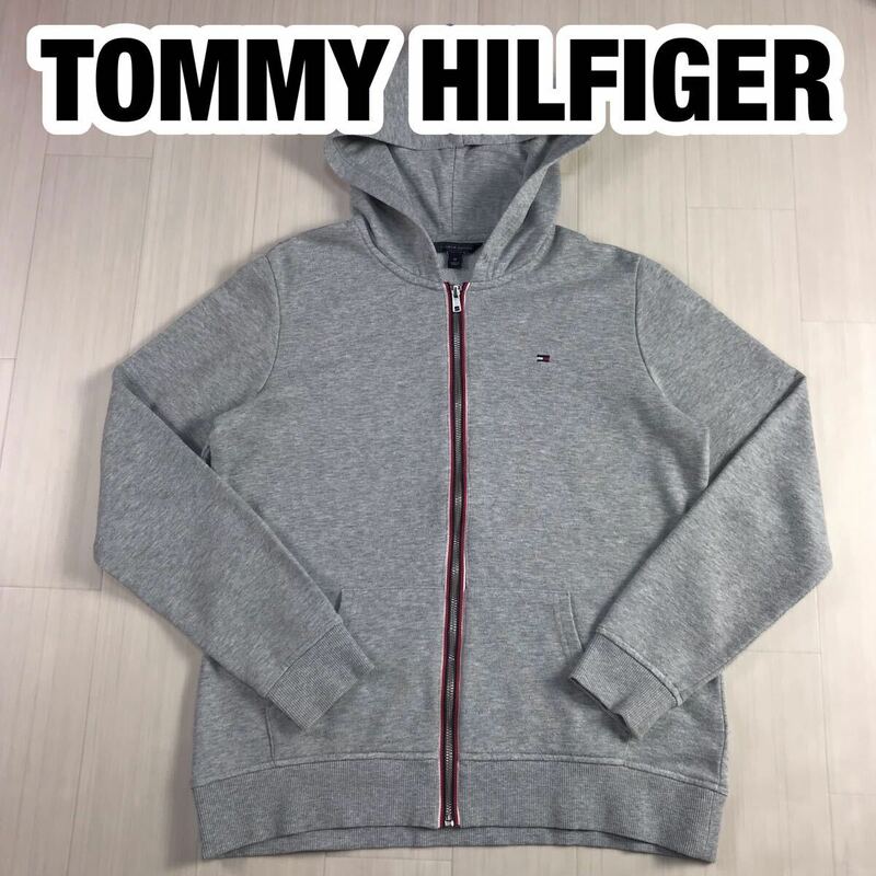 TOMMY HILFIGER トミー ヒルフィガー ジップアップパーカー M ライトグレー 霜降り フラッグタグ 刺繍ロゴ