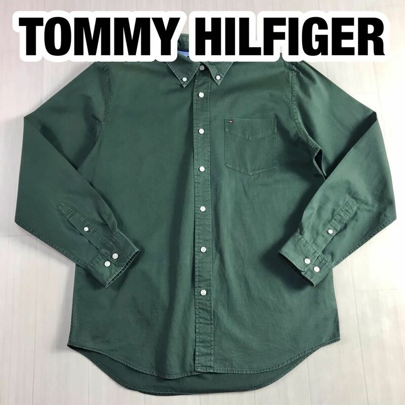 TOMMY HILFIGER トミー ヒルフィガー 長袖シャツ M グリーン 刺繍ロゴ フラッグ