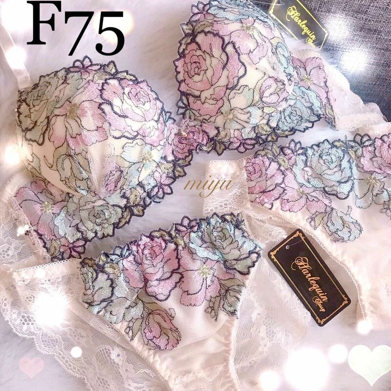 F75L★ラメローズ アイボリー クリーム★ブラジャー&2ショーツセット★Tバック付き3点セット★レース 刺繍 Fカップ アンダー75 下着★みゆ