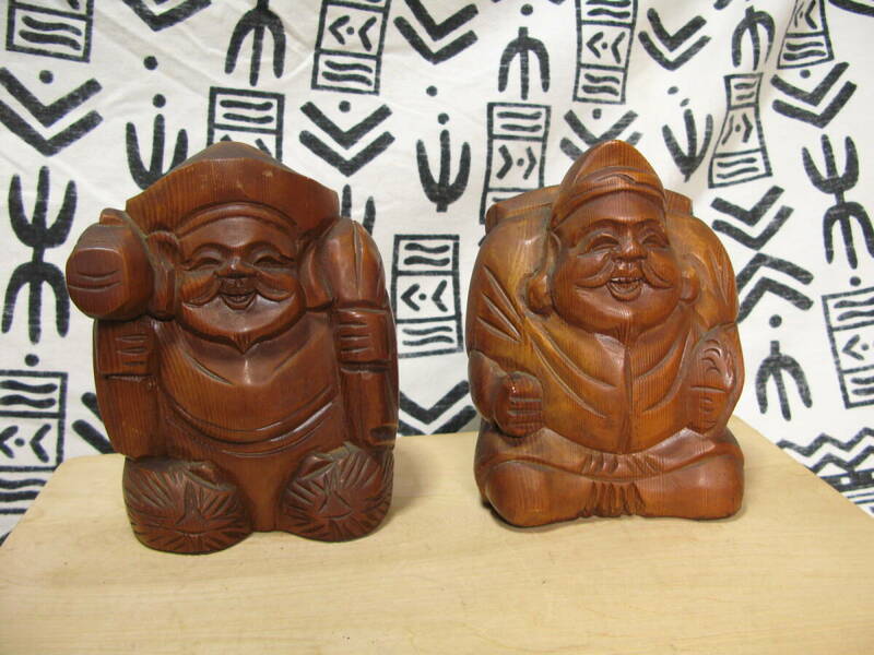 木彫り ２個セット 大黒天様 恵比寿様 ヒノキ材 七福神　仏像　高さ約２１ｃｍ 神奈川より８０サイズ （ｓ４２９）