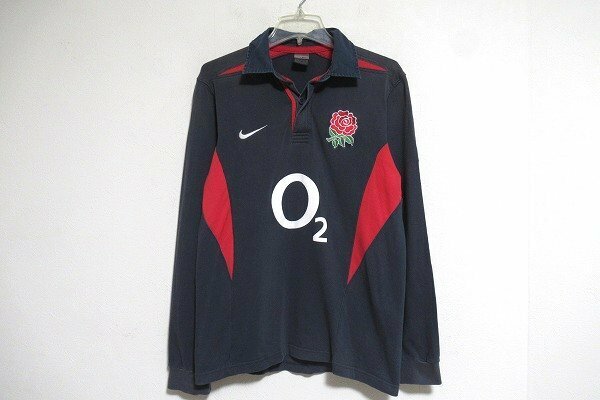 N6629:使用感あり NIKE(ナイキ）2003-04年　ラグビー イングランド代表 長袖ラガーシャツ/紺赤/S/ラグビージャージ：5