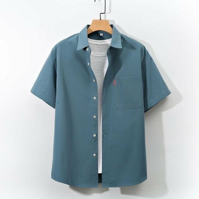 夏物 シャツ メンズ 五分袖シャツ アロハシャツ 無地 カジュアル ビジネス 大きいサイズ ブルー XL