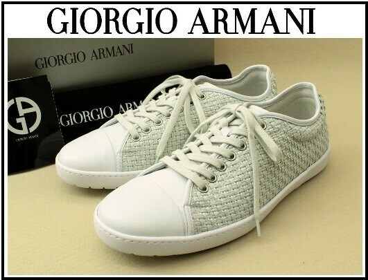 新品=11万▼GIORGIO ARMANI【貴重名作◆ラグジュアリー×爽やかさ◆ストロー編み上げレザースニーカー/ロゴ入り/9】ジョルジオ・アルマーニ