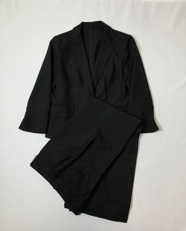 (レディース) ALUMINA Class アルミナクラス // 裏地無し 8分袖 ジャケット & ノータック ワイドパンツ パンツ スーツ (黒) サイズ 9AR (M)