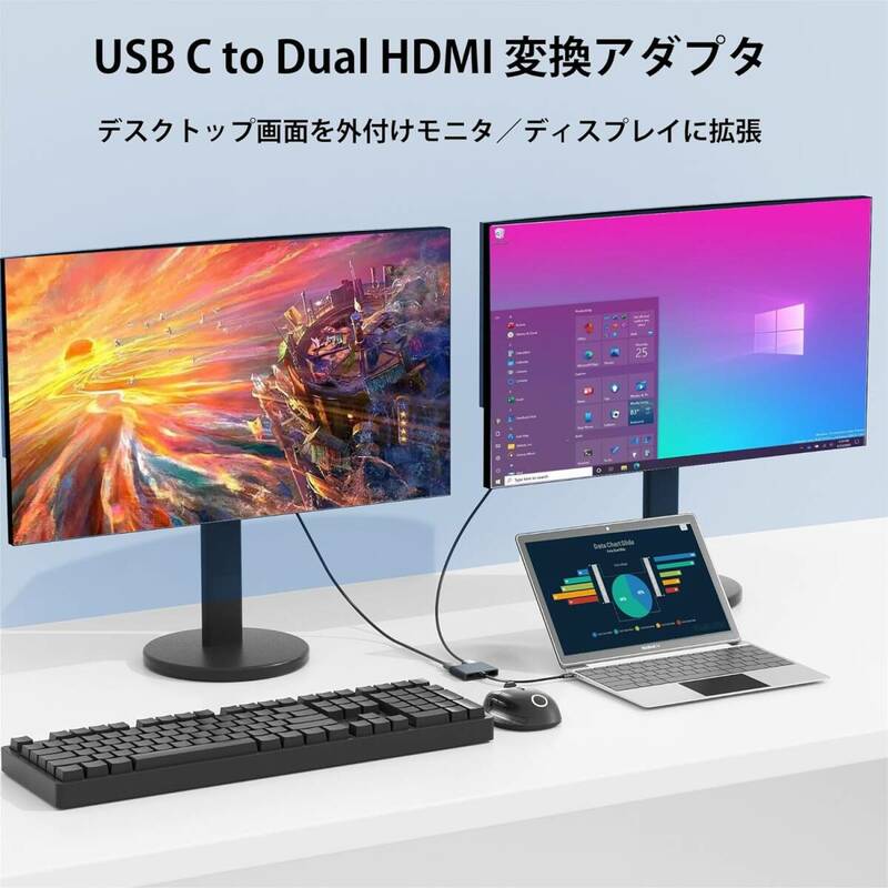 USB C HDMI 変換アダプター Aibilangose デュアル HDMI Type-C マルチディスプレイアダプタ 3画面 拡張/複製 4K映像出力 USB HDMI シルバー