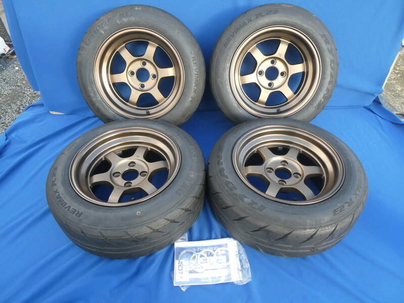 RAYS MTE37V 14インチ 7.5J +5 4穴 PCD100 ブロンズ 185/60R14 シバタイヤ 4本 レイズ 鍛造 軽量 深リム 絶版 TE37V 猛烈ロードスター