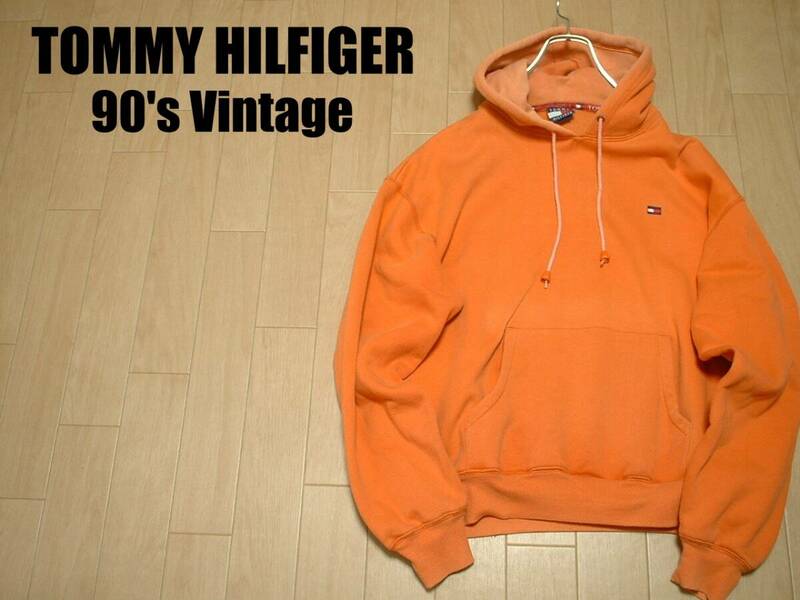 90sビンテージTOMMY HILFIGERワンポイント刺繍スウェットパーカー橙オレンジL正規トミーヒルフィガー裏起毛フーディトレーナーフラッグ古着