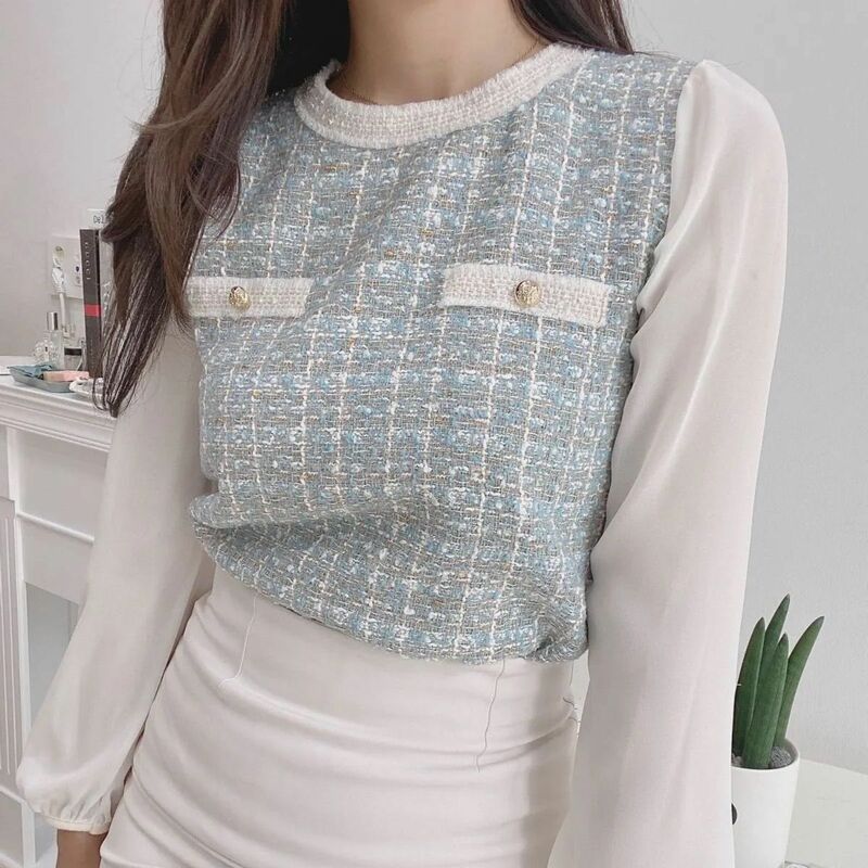 韓国製　ツイードブラウス　ツイードトップス　韓国ファッション　可愛い　長袖シャツ　長袖ブラウス　ミックスツイード生地　金ボタン