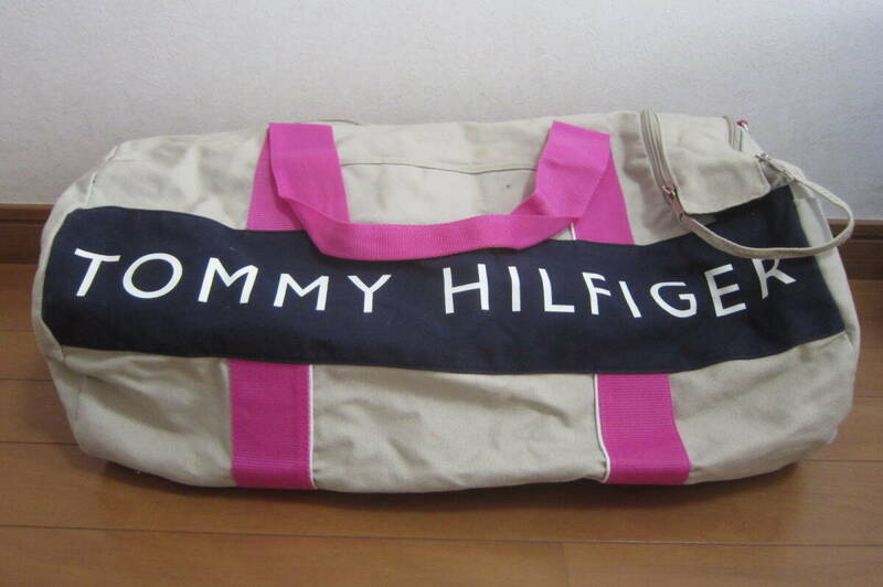 Tommy Hilfiger トミー ヒルフィガー ボストンバッグ ドラムバッグ 旅行かばん ベージュ系×ピンク O2403A