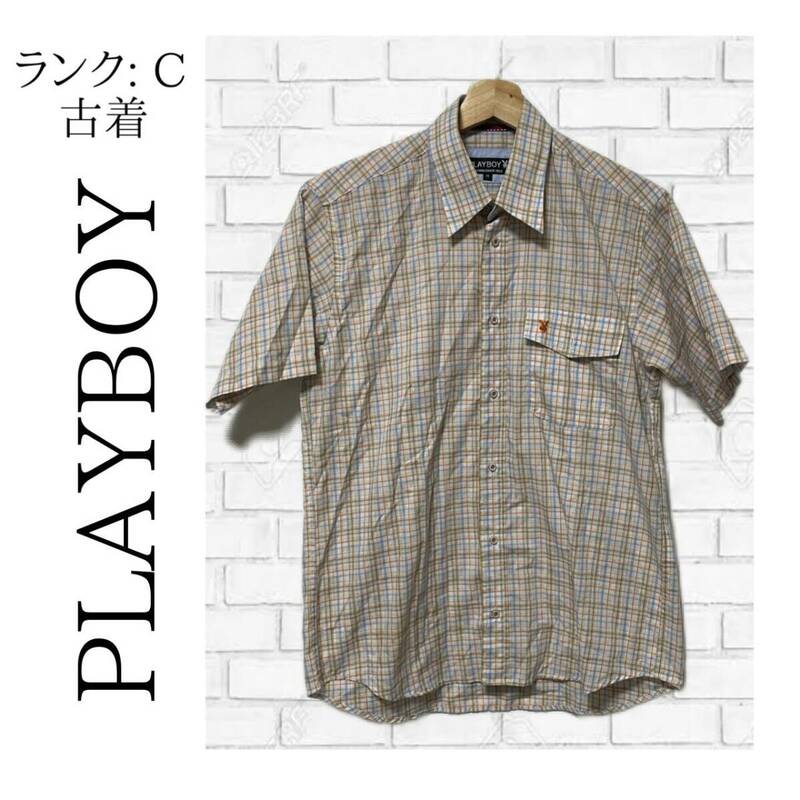 【古着】 PLAYBOY　プレイ ボーイ　M　メンズ　半袖シャツ　チェック柄　大きめサイズ 　キャメル色　カジュアル　アメリカン　820