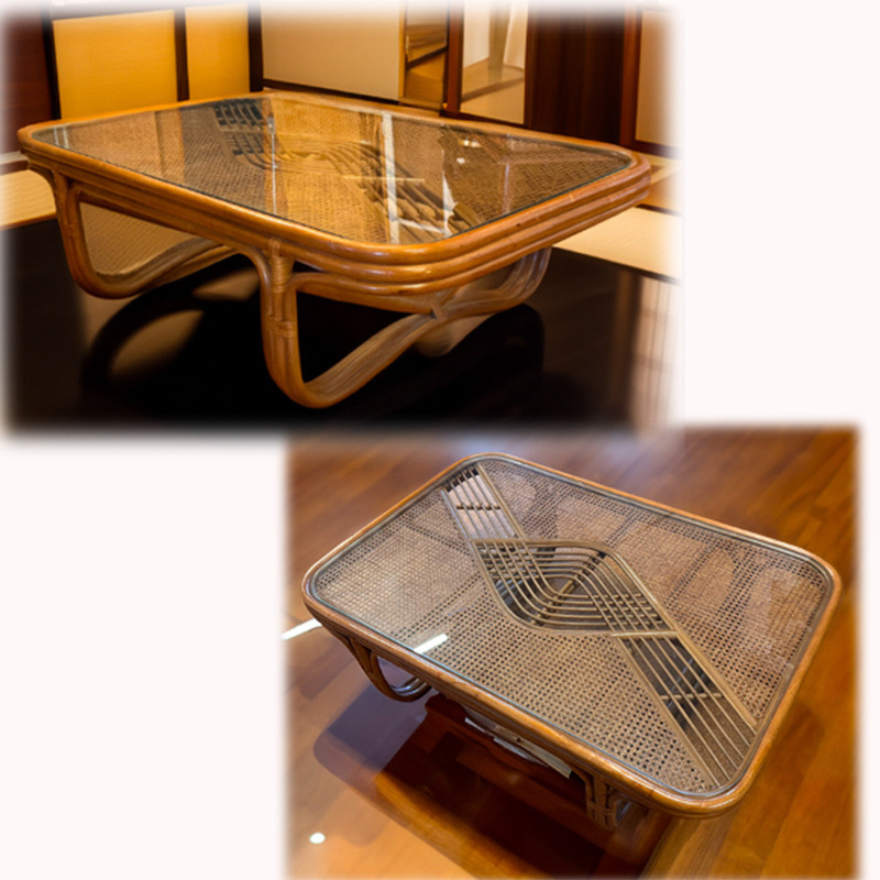 人気のラタン 藤家具 座卓 テーブル ガラス天板 網代 昭和レトロ アンティーク