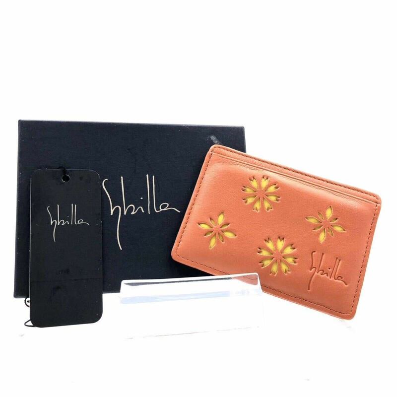 ■未使用同然■Sybillaシビラ　パスケース　カードケース　花柄　シープスキン　レザー　オレンジ　箱、タグ付き