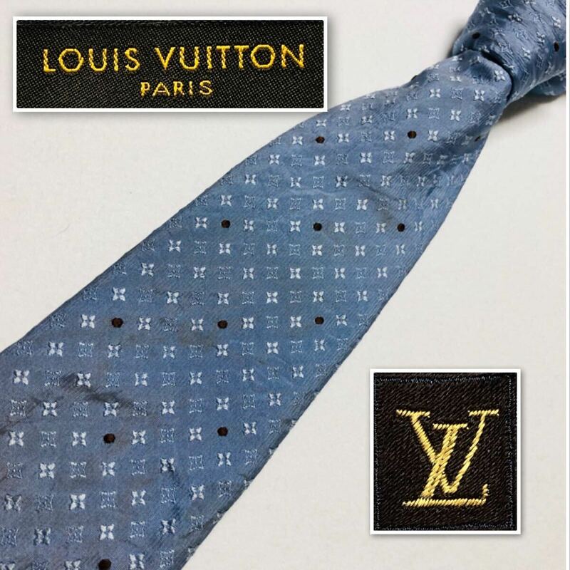 LOUIS VUITTON ルイヴィトン ネクタイ　モノグラムの花と星　ドット　総柄　シルク100% イタリア製　ブルー系