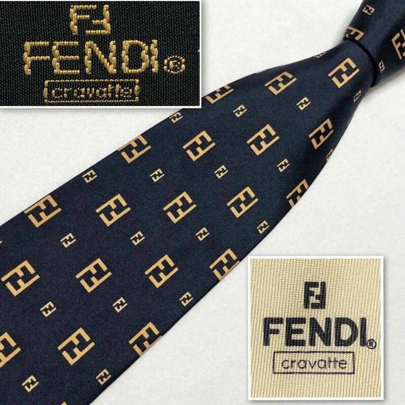 ■美品■FENDIフェンディ ネクタイ　FFロゴ　総柄　シルク100% イタリア製　ネイビー×イエロー　ビジネス