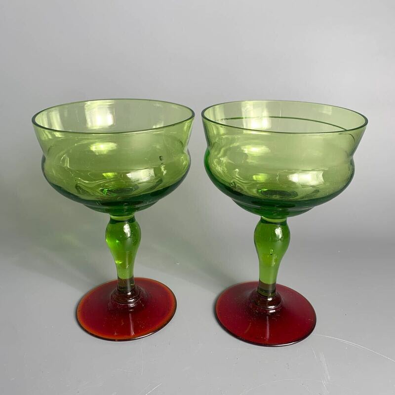 希少 レトロガラス デザート グラス アイスクリーム 氷 緑 赤 昭和 ビンテージ 気泡あり ペア シャンパングラス ガラス 現状