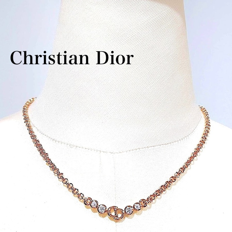 【ほぼ未使用】Christian Dior CD クリスチャンディオール CDロゴ ラインストーン ネックレス ヴィンテージ ゴールド 箱付き【送料無料】
