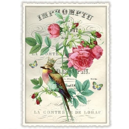 牡丹 と 小鳥 ドイツ 製 ポストカード マヒワ 鳥 ラメ グリーティングカード 絵はがき アンティーク調
