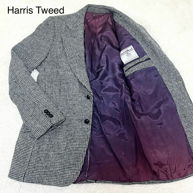 L位 ハリスツイード 【圧巻の裏地パープル】 Harris Tweed テーラードジャケット くるみボタン チェック 2B メンズ アウター グレー 40