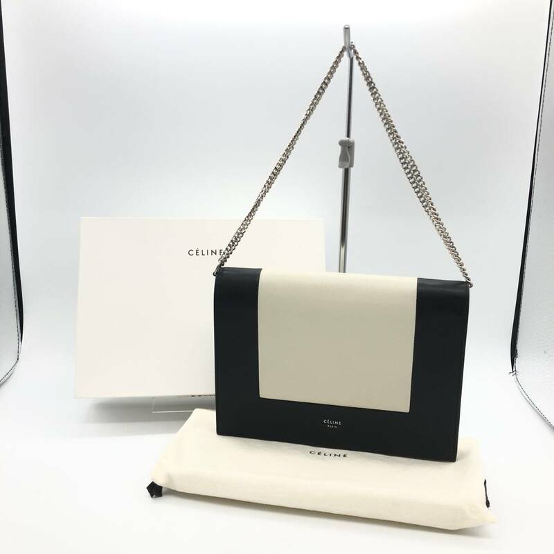 CELINE セリーヌ フレーム イブニング チェーン クラッチ 2WAY ショルダー バッグ 107773 ブラック×クリーム ウォレット バイカラー