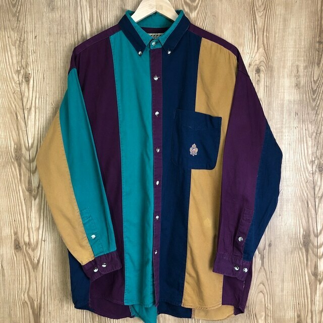 90s VINTAGE HUNTING HORN クレイジーパターン ボタンダウンシャツ 長袖シャツ メンズLサイズ 90年代 ヴィンテージ 古着 e24031001