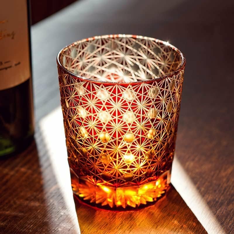 切子 菊繋ぎ紋 高級グラス 冷酒杯 手作りワインセット ロックグラス ビールウイスキーグラス 250ml (赤)