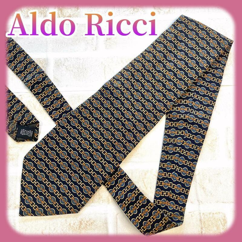 【美品■特価■現品】美品】ALDO RICCI ネクタイ 黒ベース　チェーン柄 イタリア