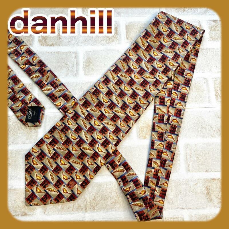 【美品■特価■現品】美品】dunhill ダンヒル ネクタイ 茶/オーカー 鳥羽柄 シルク100%