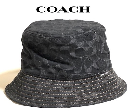 特価！ 人気 COACH コーチ シグネチャー デニム バケット ハット 帽子 CP763 M/L ブラック 新品本物
