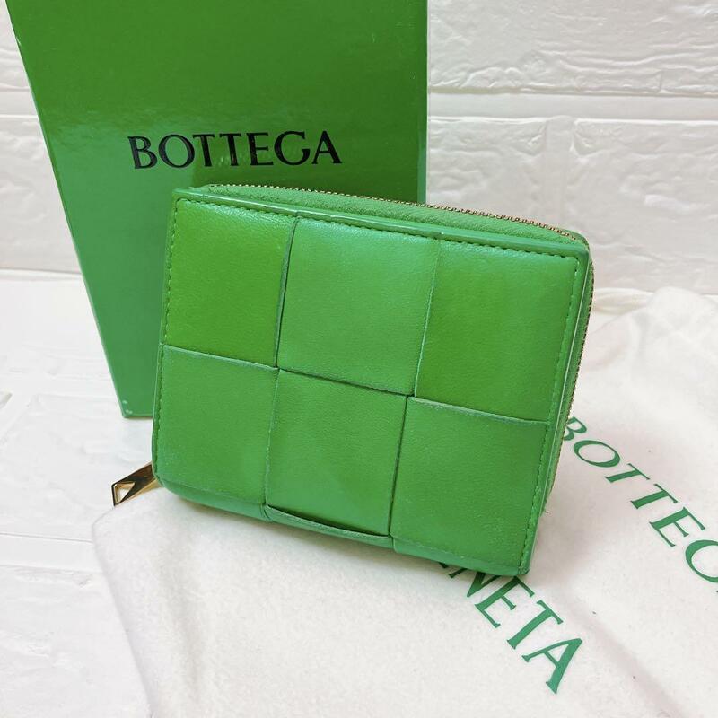 ボッテガ BOTTEGA カセット ラウンド 折り財布 レザー メンズ SB39 レディース グリーン 二つ折り イントレチャート