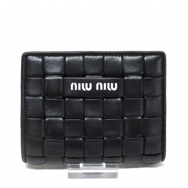 ミュウミュウ miumiu 2つ折り財布/ミニ/コンパクト 5MV204 - レザー 黒 編み込み 美品 財布