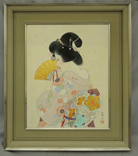 森田秀治 春宵 日本画 ６号 金箔 美人画 紙に彩色 共シール Japanese painting 額入れ 中古品