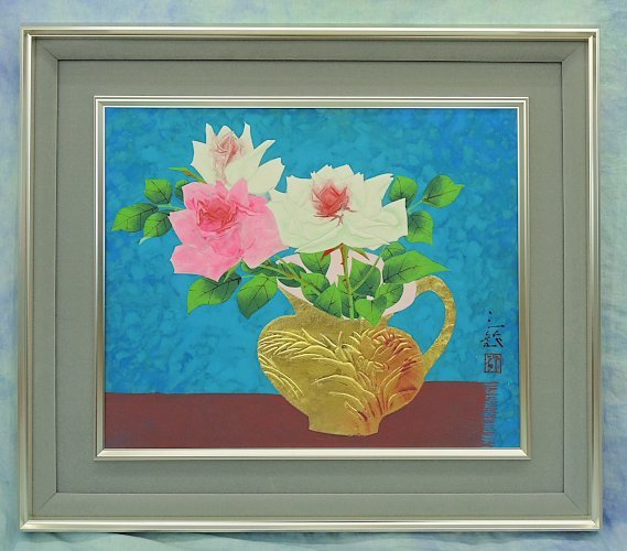 児玉三鈴 花瓶 日本画 8号 板に貼付の紙に色彩 額入り 共シール 中古 長野県の日本画家 物故　薔薇