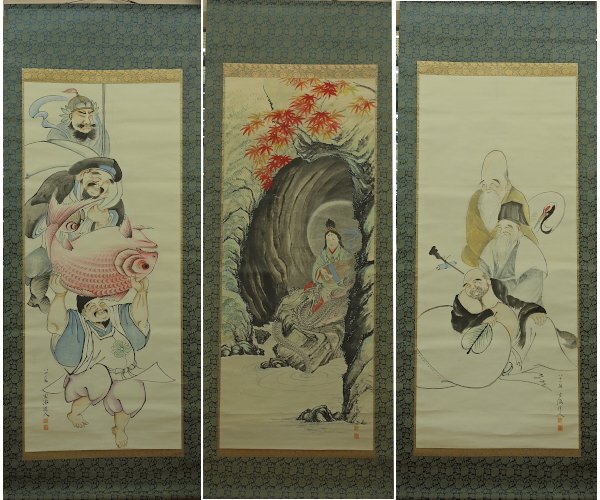 玄海 七福神之図 三幅対 日本画 半翠 掛け軸 掛軸 紙に彩色 Japanese hanging scroll　共箱