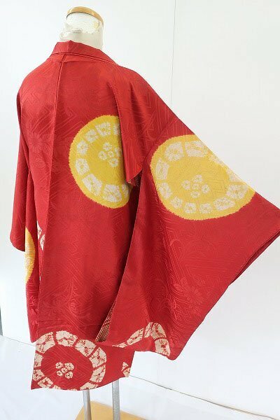 【着物フィ】アンティーク 長羽織 身丈94.5cm 赤色 絞り 紗綾形調 レトロ 大正モダン 仕立て上がり 正絹 kimono 15709