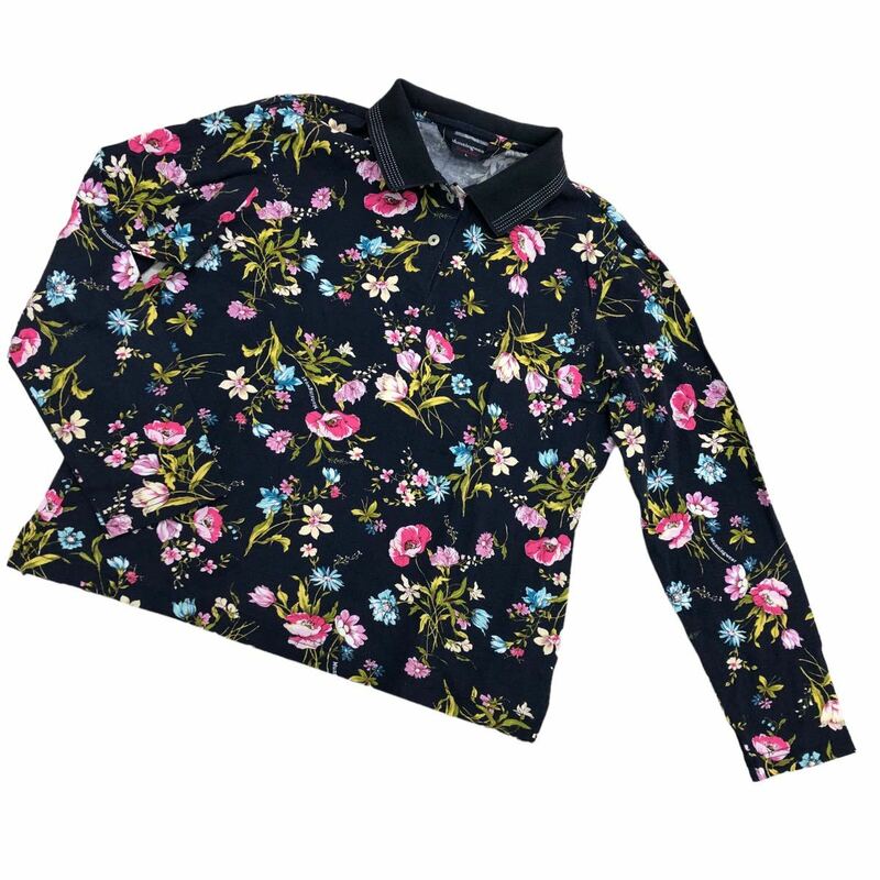 NS115 日本製 Munsingwear マンシングウェア Tシャツ トップス ポロシャツ ロンT 花柄 レディース L ネイビー 紺