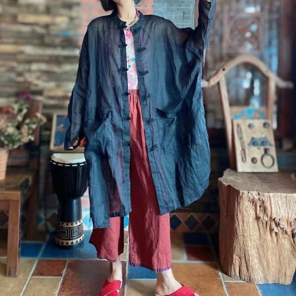 lgn 1435 ロングカーディガン アンティーク風 洋服ミックス ロマンファッション ポップ 楽ちん 個性豊か ブラック 麻 リネン 薄手