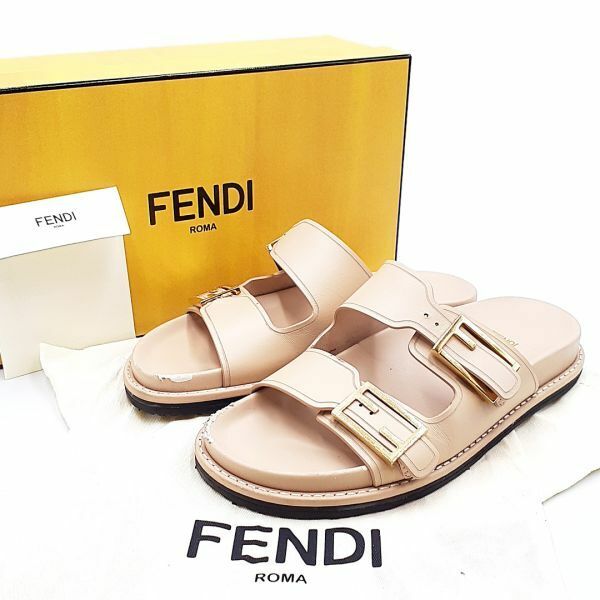 フェンディ FENDI サンダル 靴 シューズ 8X8326 レザー ゴールド金具 G金具 約24.5-25cm相当 ベージュ系 レディース メンズ 01-24032706-X