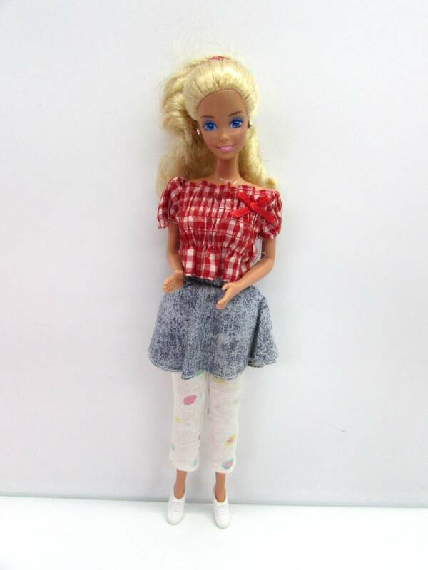マテル社 バービー オフショルダー 赤 チェック柄 女の子 金髪 1966 人形 マレーシア製