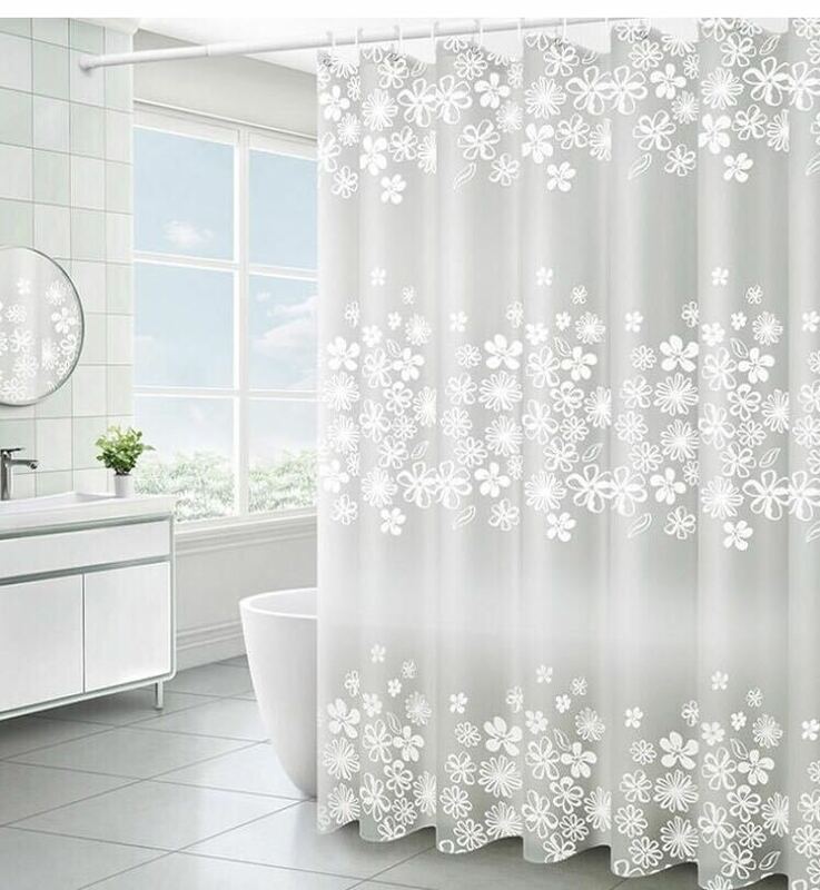 シャワーカーテン バスカーテン 防カビ防水 間仕切り お風呂カーテン 目隠し 軽量　幅150センチ x丈180センチ　ホワイト　白　花柄　お得