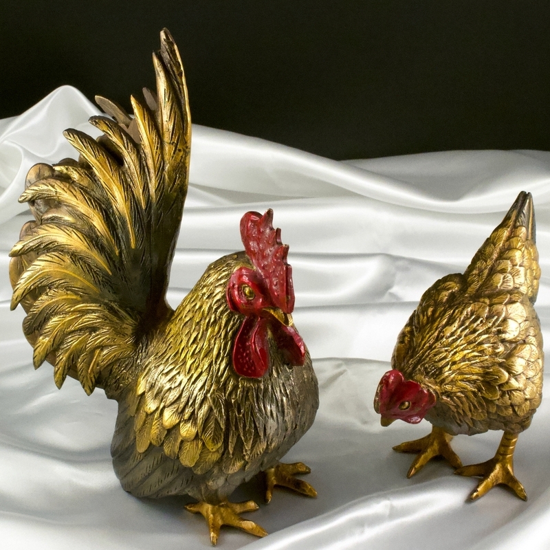 銅製 干支置物 酉 ２羽セット ニワトリ 鶏 コケコッコ