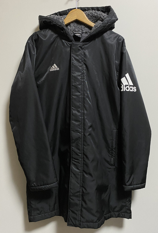 美品★adidas アディダス ベンチコート ロングコート ジャケット L 黒 ブラック 裏地フリース 袖プリント 