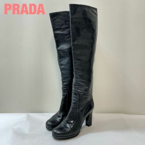 P0009★10 高級 PRADA プラダ サイドZIP 金 ロゴ 金具 ニーハイ ロング ブーツ シューズ 革靴 レディース 38サイズ