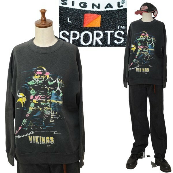 ★【希少 USA製 人気のブラック】90s 90年代 ビンテージ SIGNAL SPORTS シグナル社 VIKINGS スウェット デザイン トレーナー L USED品