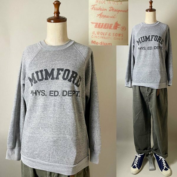 【USA製 人気 杢グレー着心地デザイン◎】80s 80年代 N.WOLF&SONS ビンテージ カレッジ物 MUMFORD PHYS. ED. DEPT. スウェットトレーナー M