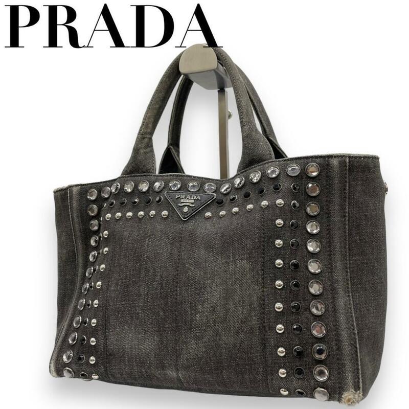 PRADA プラダ　e2 カナパS　ビジュー　ハンドバッグ　三角ロゴ