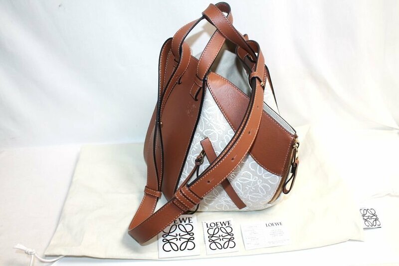 中古 美品 LOEWE ハンモック スモール 2WAY ショルダー ハンドバッグ A538S35X29 ブラウン ベージュ ジャガード アナグラム バッグ ロエベ