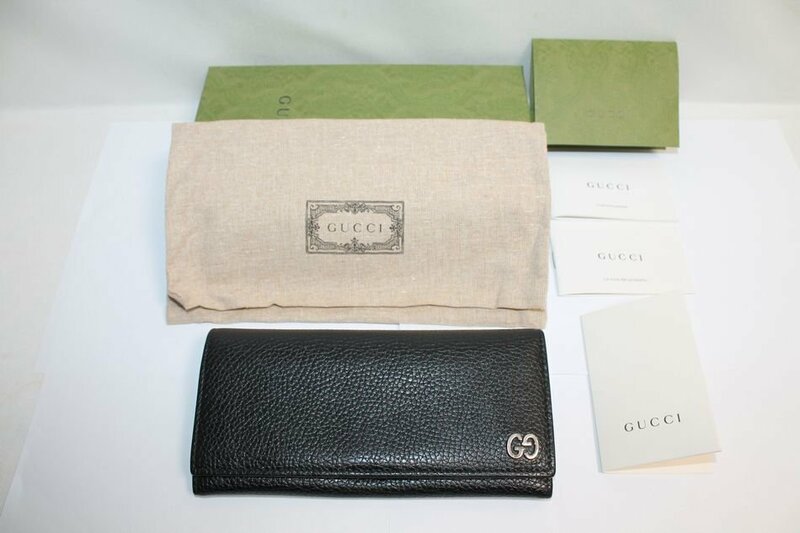 中古 GUCCI 二つ折り 長財布 レザー 黒 ブラック シルバー金具 481727 2149 レディース メンズ ロングウォレット グッチ USED品 リサイクル