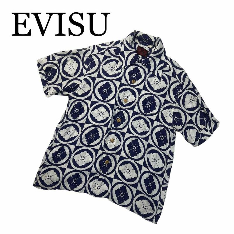 EVISU エヴィス シャツ 半袖 ネイビー 紺色 花柄 総柄 サイズ38